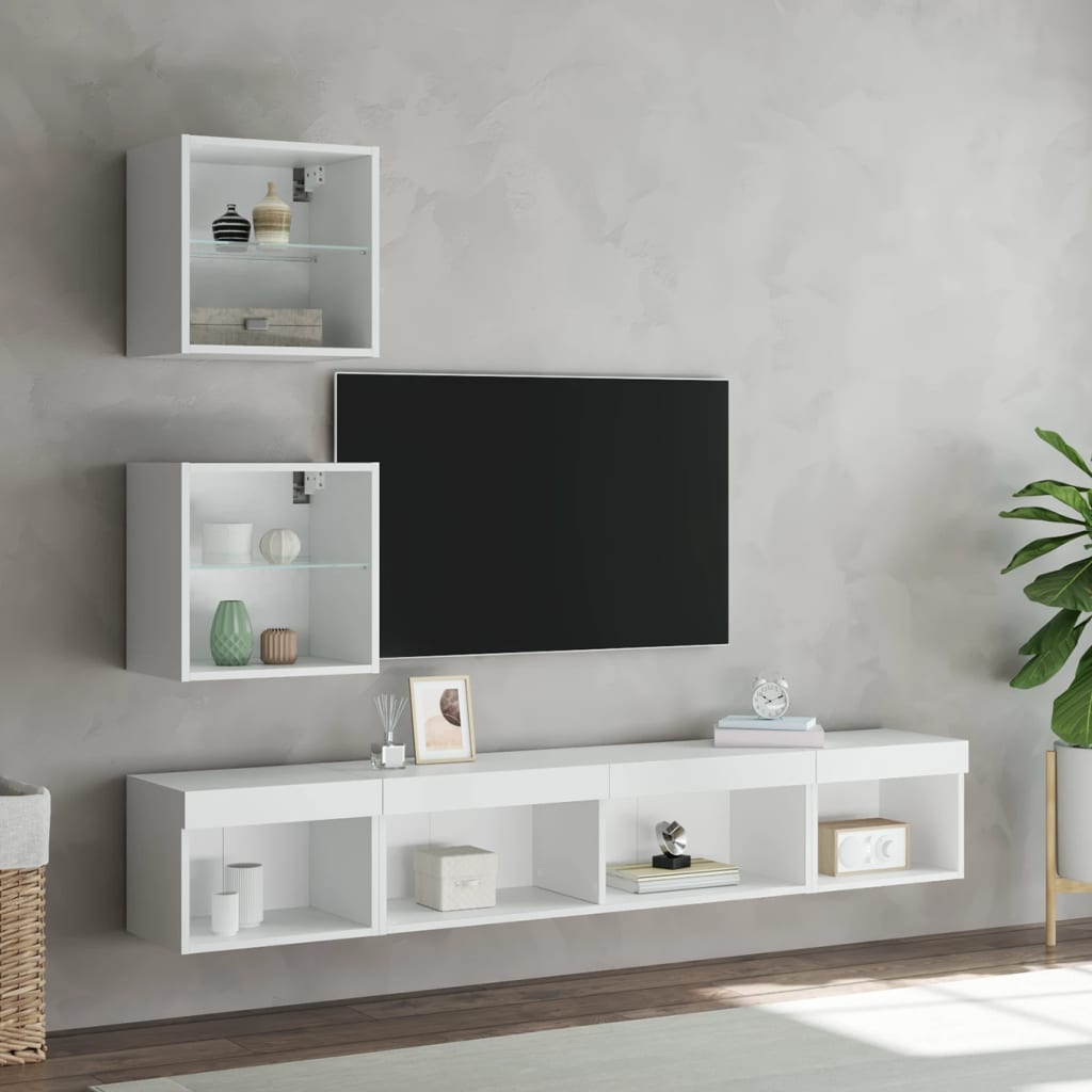 tv-møbel til væg 5 dele med LED-lys konstrueret træ hvid