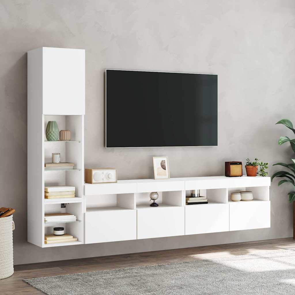 tv-møbel til væg 4 dele med LED-lys konstrueret træ hvid