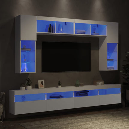 væghængt tv-møbel 8 dele med LED-lys hvid