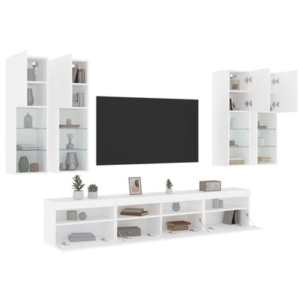 væghængt tv-møbel 6 dele med LED-lys hvid