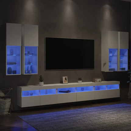 væghængt tv-møbel 6 dele med LED-lys hvid