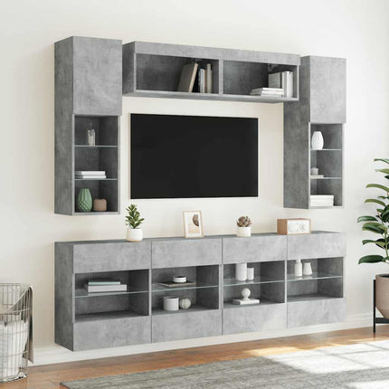 væghængt tv-møbel 6 dele med LED-lys betongrå