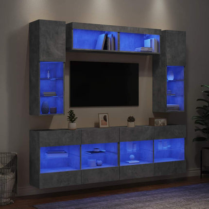 væghængt tv-møbel 6 dele med LED-lys betongrå