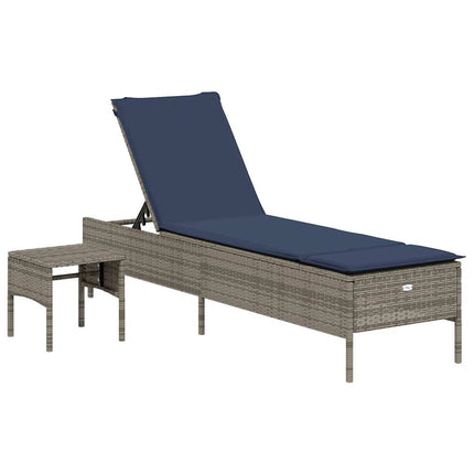 liggestol med bord og hynde grå polyrattan