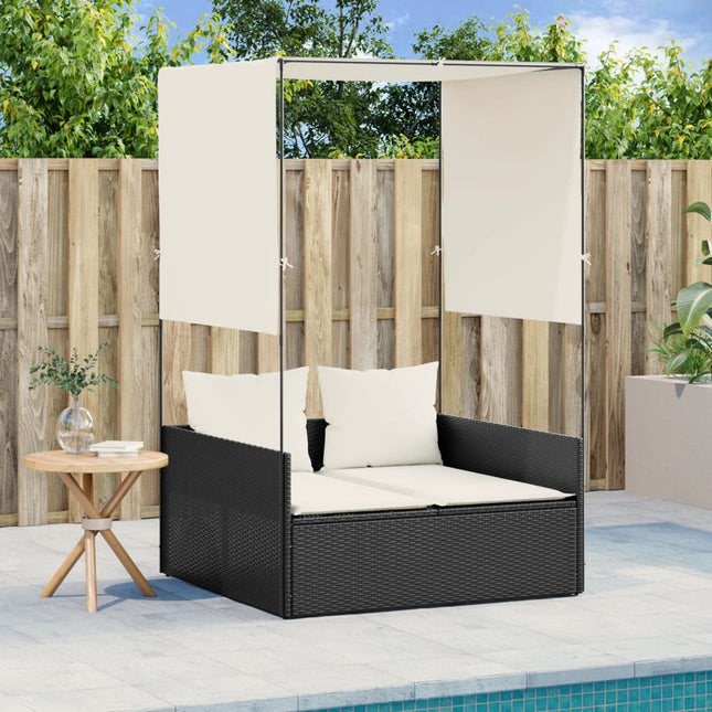 solseng med tag og gardiner polyrattan sort