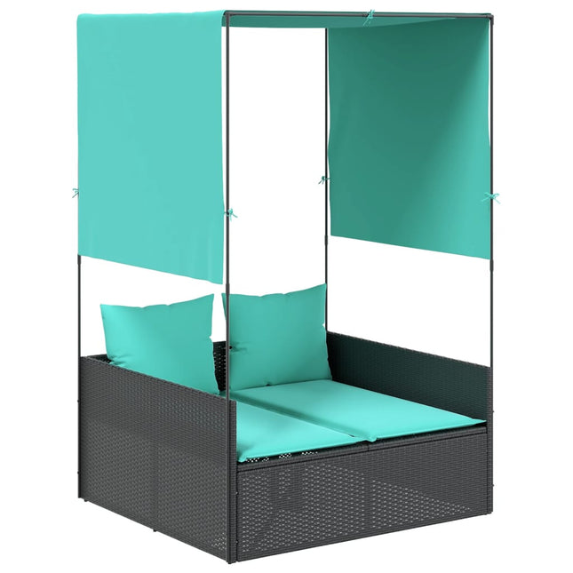 dobbelt liggestol med tag og gardiner sort polyrattan
