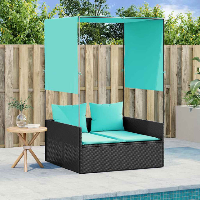dobbelt liggestol med tag og gardiner sort polyrattan