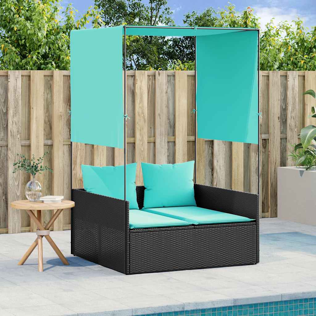 dobbelt liggestol med tag og gardiner sort polyrattan billede