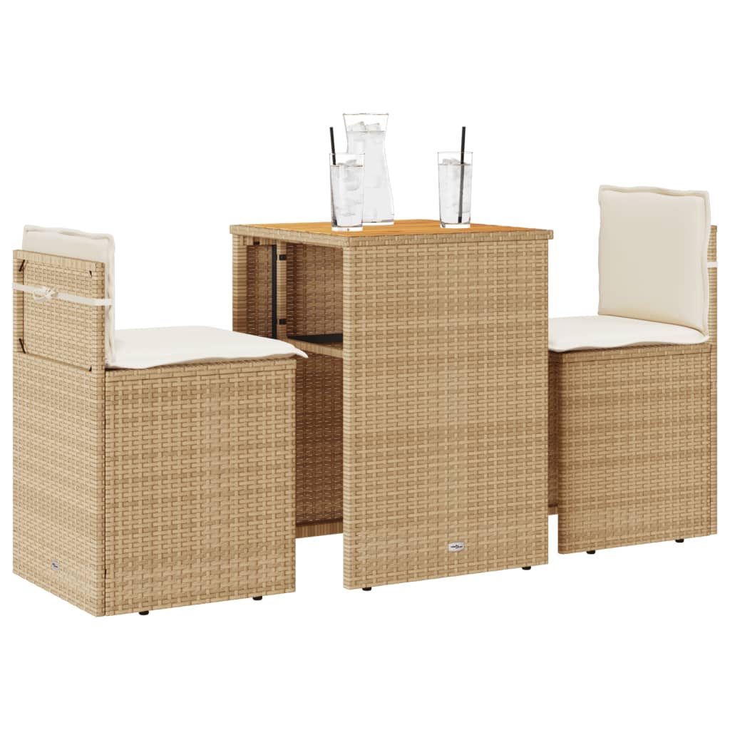 Bistrosæt til haven i polyrattan - 3 dele med hynder, beige