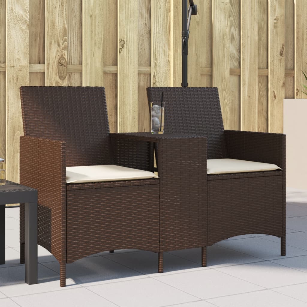 2-personers havesofa med bord og hynder polyrattan brun billede