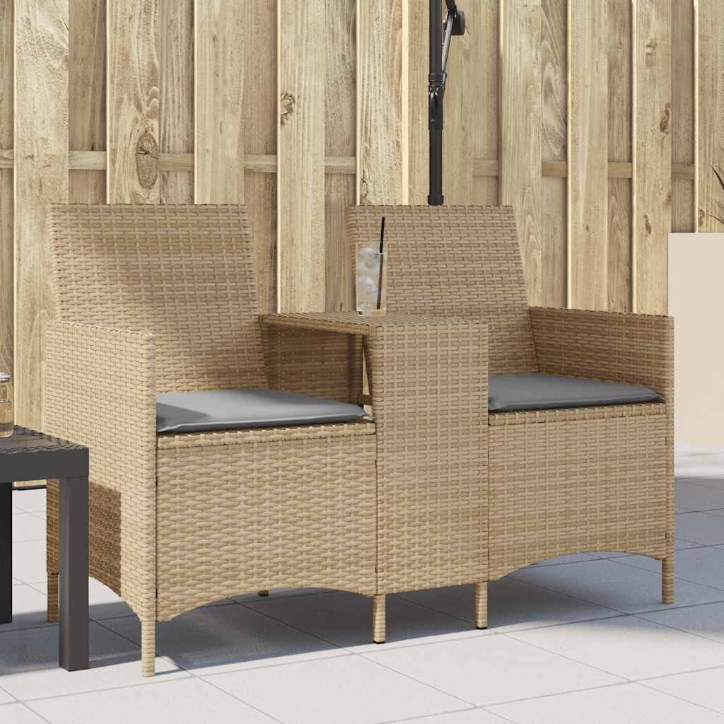 2-Personers Havesofa Med Bord Og Hynder Polyrattan - beige og grå / Uden fodskammel