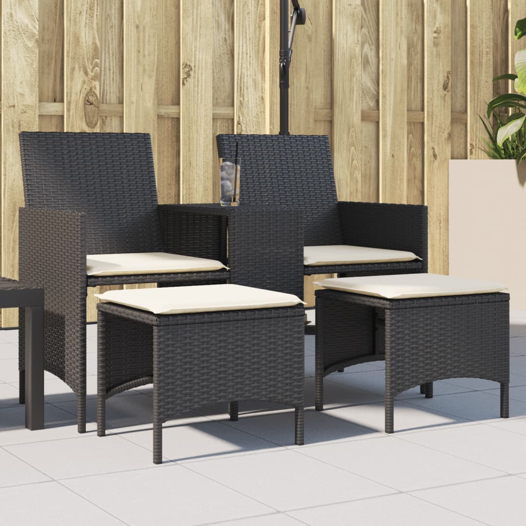 2-Personers Havesofa Med Bord Og Hynder Polyrattan - Sort / Med fodskammel