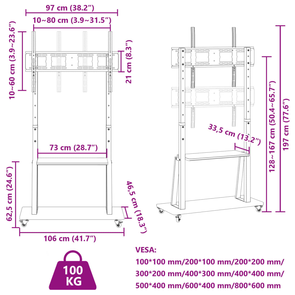 tv-stativ med hjul 32-90" skærm maks. VESA 800x600 mm 100 kg