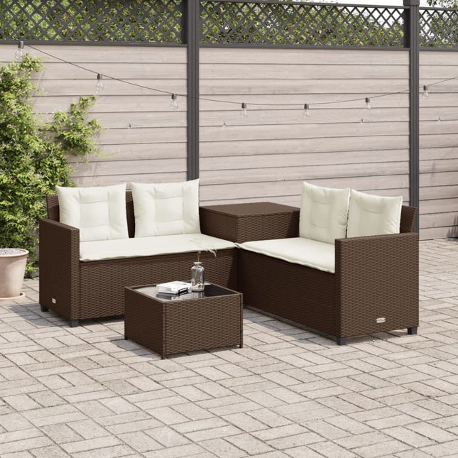havesofa med bord og hynder L-formet polyrattan brun