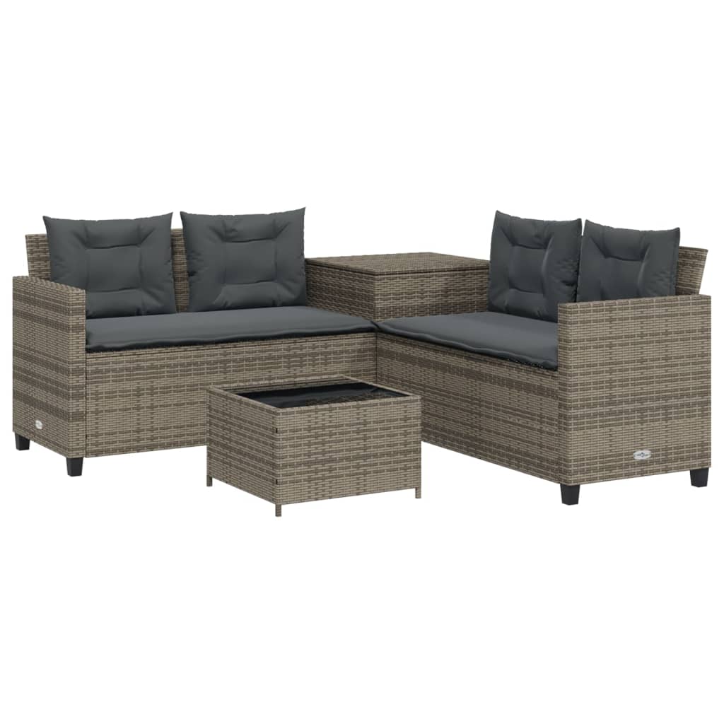 havesofa med bord og hynder L-formet polyrattan grå
