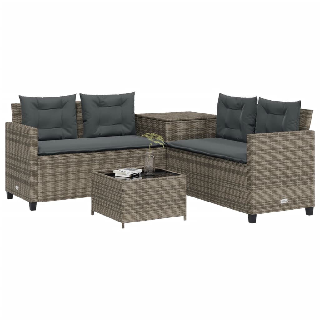 havesofa med bord og hynder L-formet polyrattan grå
