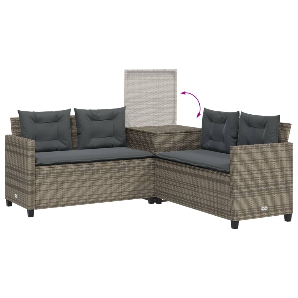 havesofa med bord og hynder L-formet polyrattan grå