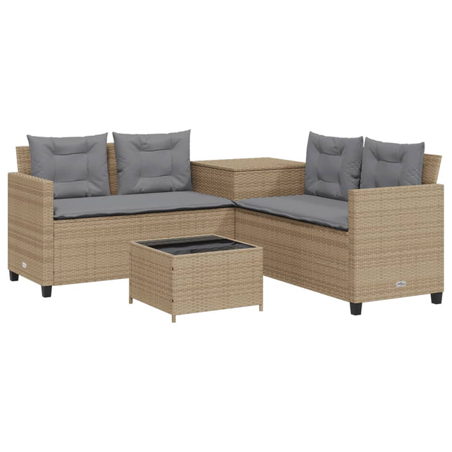 havesofa med bord og hynder L-formet polyrattan beige