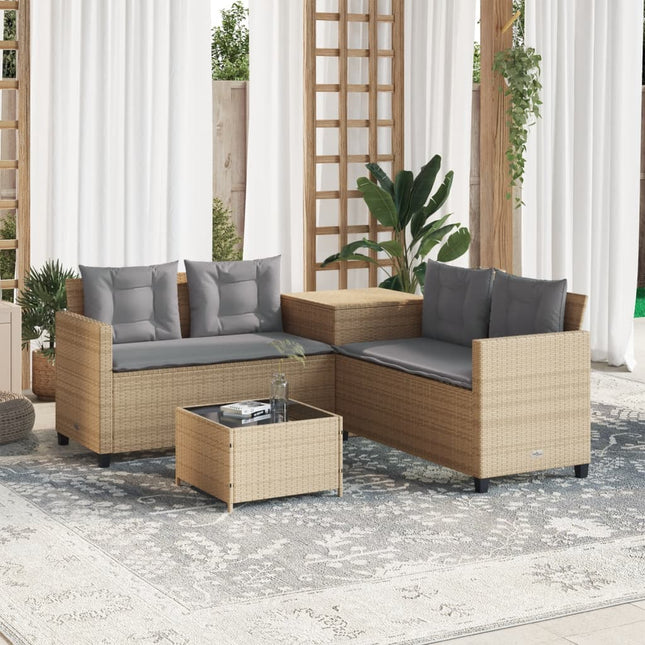 havesofa med bord og hynder L-formet polyrattan beige