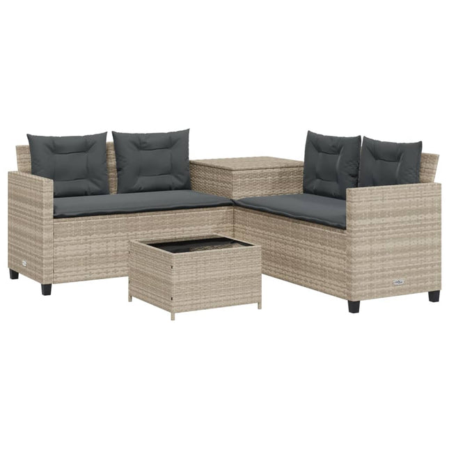 havesofa med bord og hynder L-formet polyrattan lysegrå