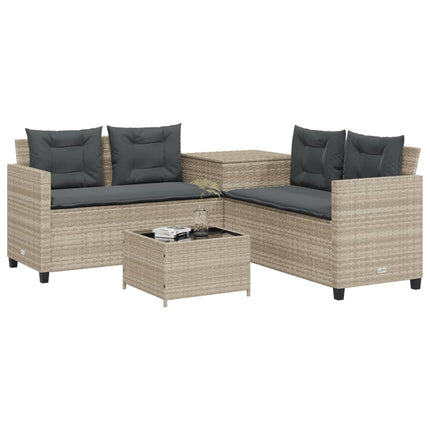 havesofa med bord og hynder L-formet polyrattan lysegrå
