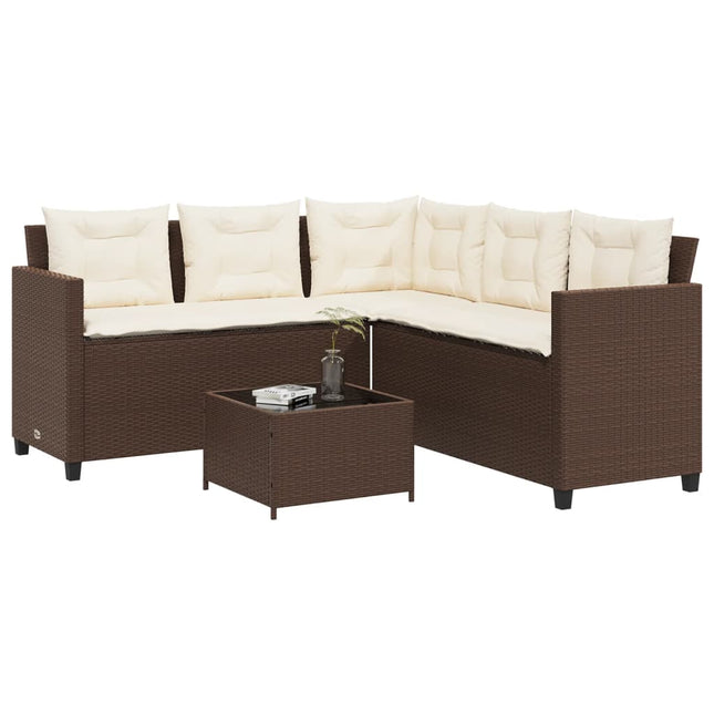 havesofa med bord og hynder L-formet polyrattan brun