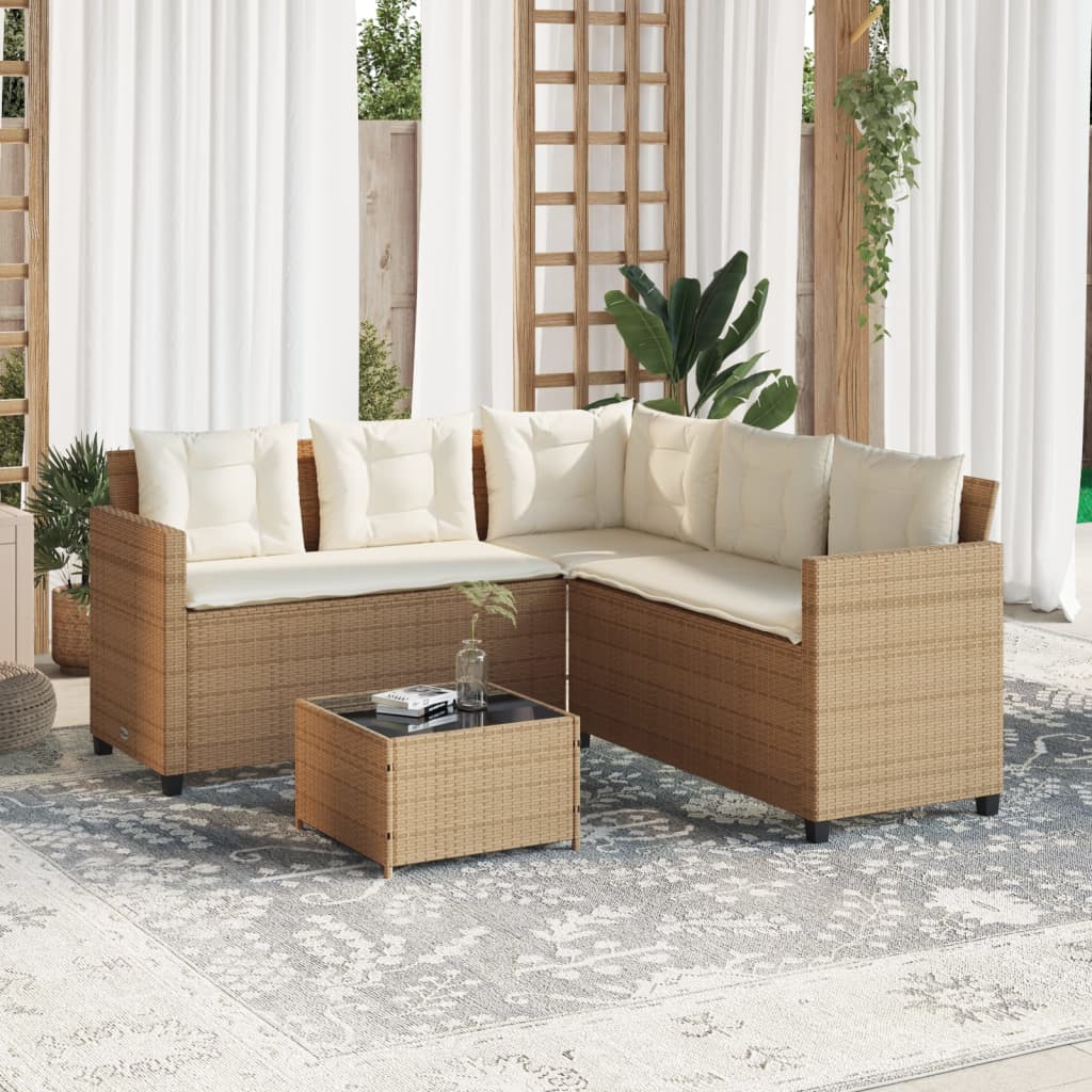 havesofa med bord og hynder L-formet polyrattan beige