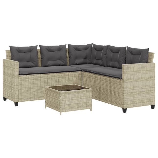 havesofa med bord og hynder L-formet polyrattan lysegrå