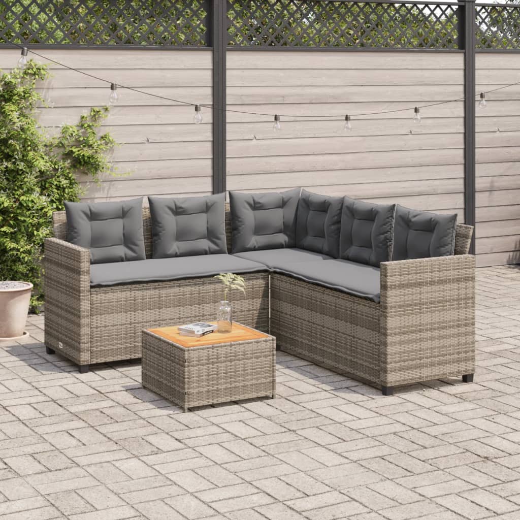 havesofa med bord og hynder L-formet polyrattan grå