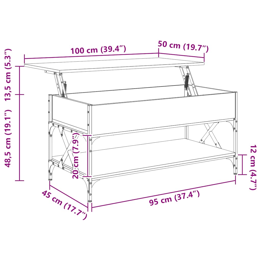 sofabord 100x50x50 cm konstrueret træ og metal sonoma-eg