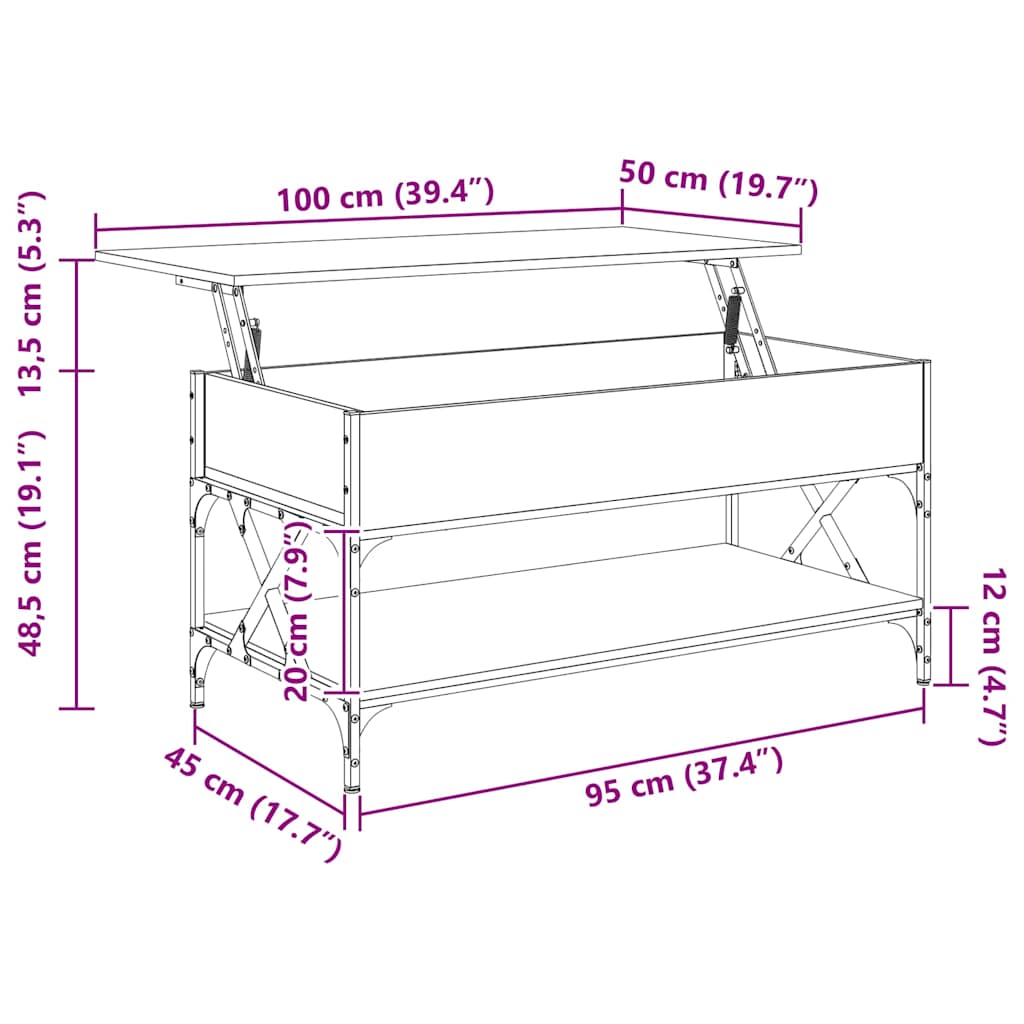sofabord 100x50x50 cm konstrueret træ og metal røget eg