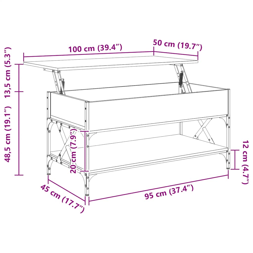 sofabord 100x50x50 cm konstrueret træ og metal grå sonoma-eg