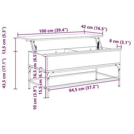 sofabord 100x50x45 cm konstrueret træ og metal grå sonoma-eg