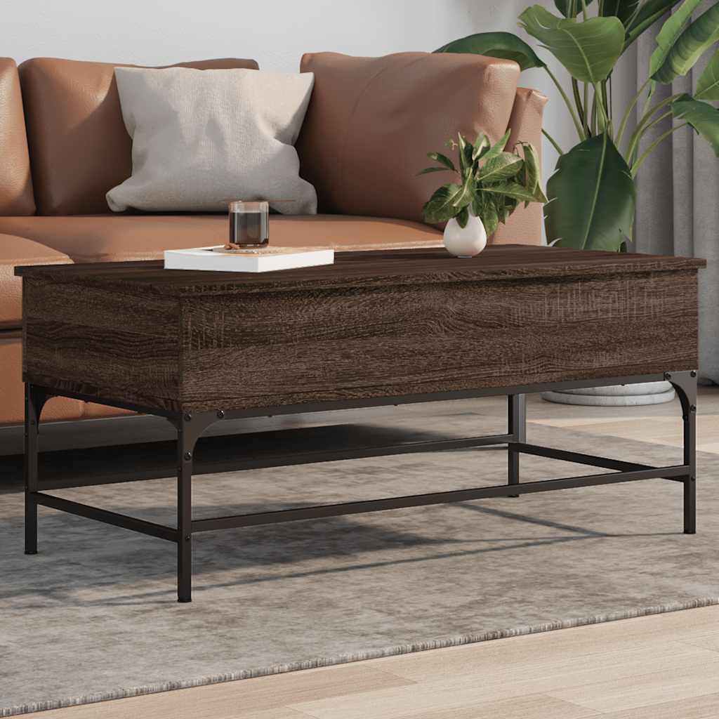 sofabord 100x50x45 cm konstrueret træ og metal brunt egetræ