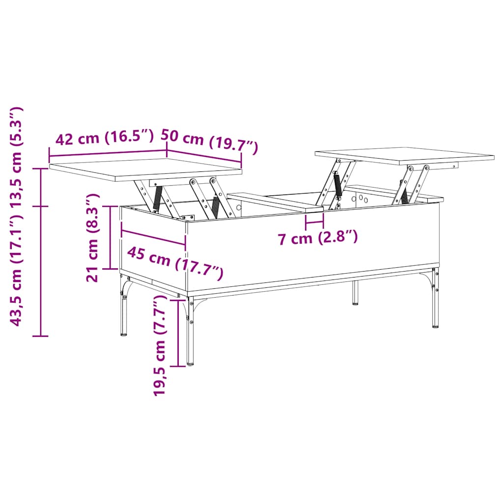sofabord 100x50x45 cm konstrueret træ og metal brunt egetræ