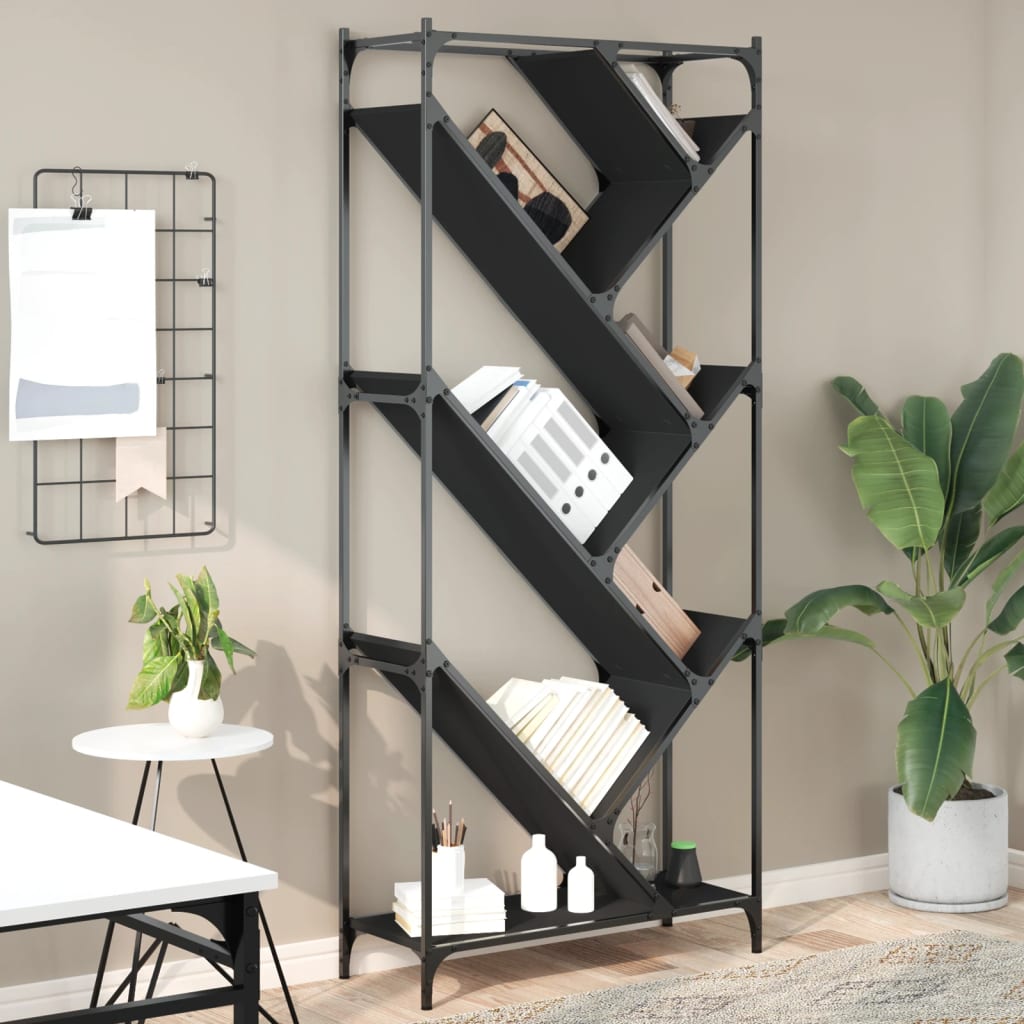 Bogreol med træfacon 79×30×180 cm - konstrueret træ og metal, sort