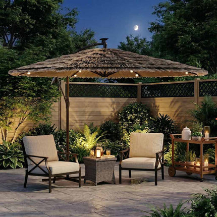 haveparasol med LED-lys og stålstang 290x290x238 cm brun