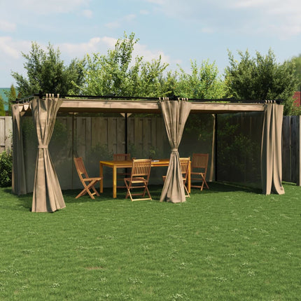 pavillon 6x3 m med gardiner stål gråbrun