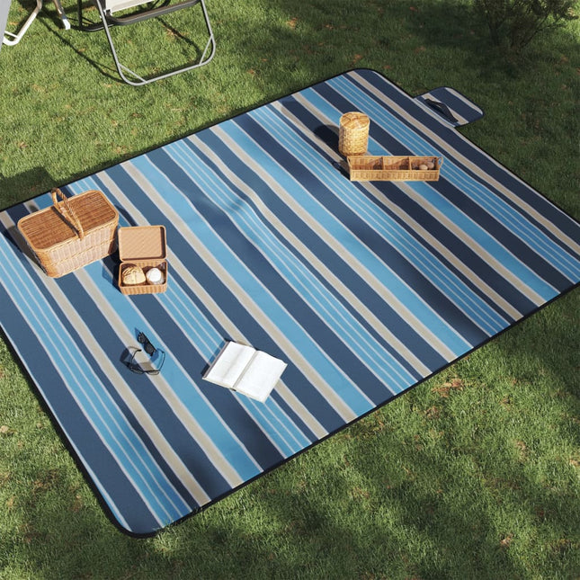 picnictæppe 200x150 cm foldbart bølget fløjl blå og hvid
