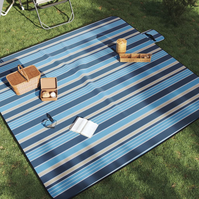picnictæppe 200x200 cm foldbart bølget fløjl blå og hvid