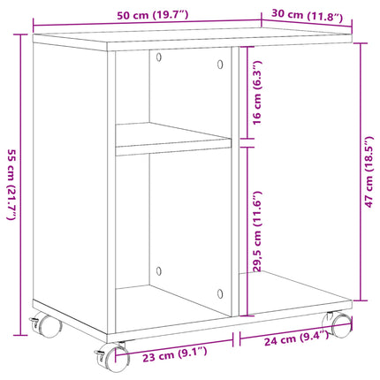 sidebord med hjul 50x30x55 cm konstrueret træ sonoma-eg