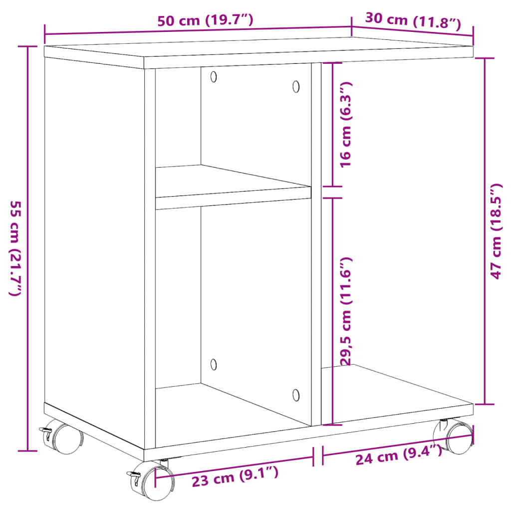sidebord med hjul 50x30x55 cm konstrueret træ betongrå