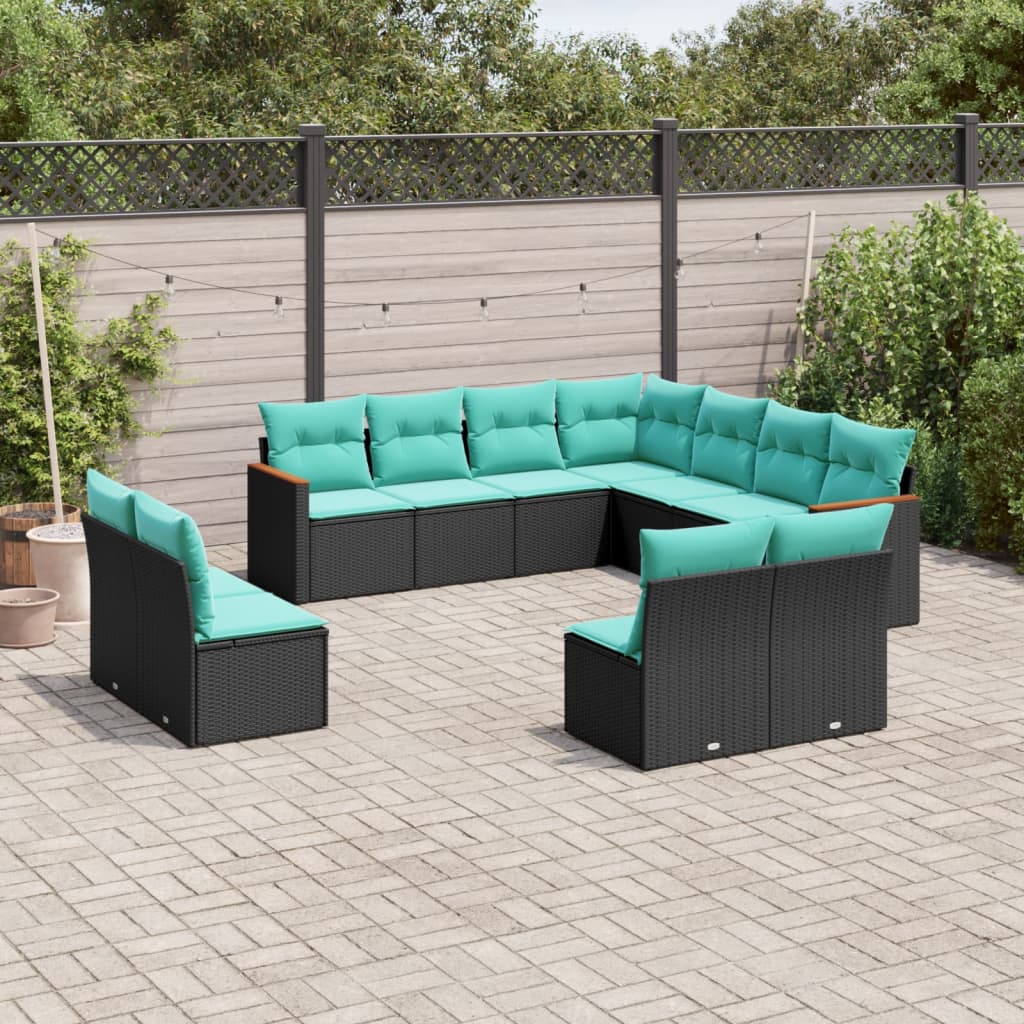 11-delt havesofasæt i sort polyrattan med blå hynder - modulært loungesæt