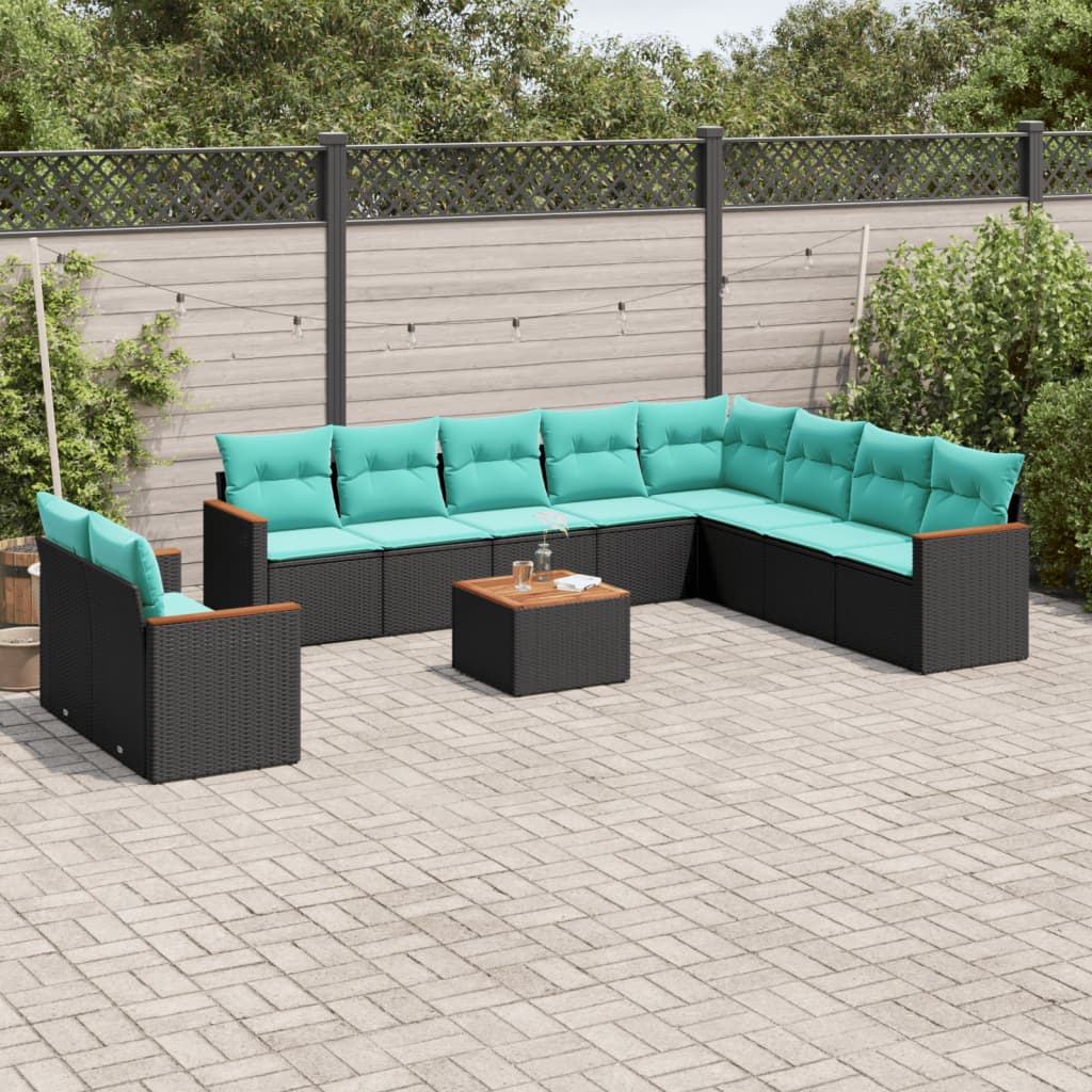 11-delt havesofast med hynder sort polyrattan