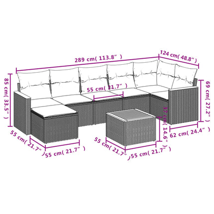 havesofasæt med 8 hynder grå polyrattan