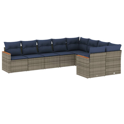 havesofasæt med 9 dele og hynder grå polyrattan
