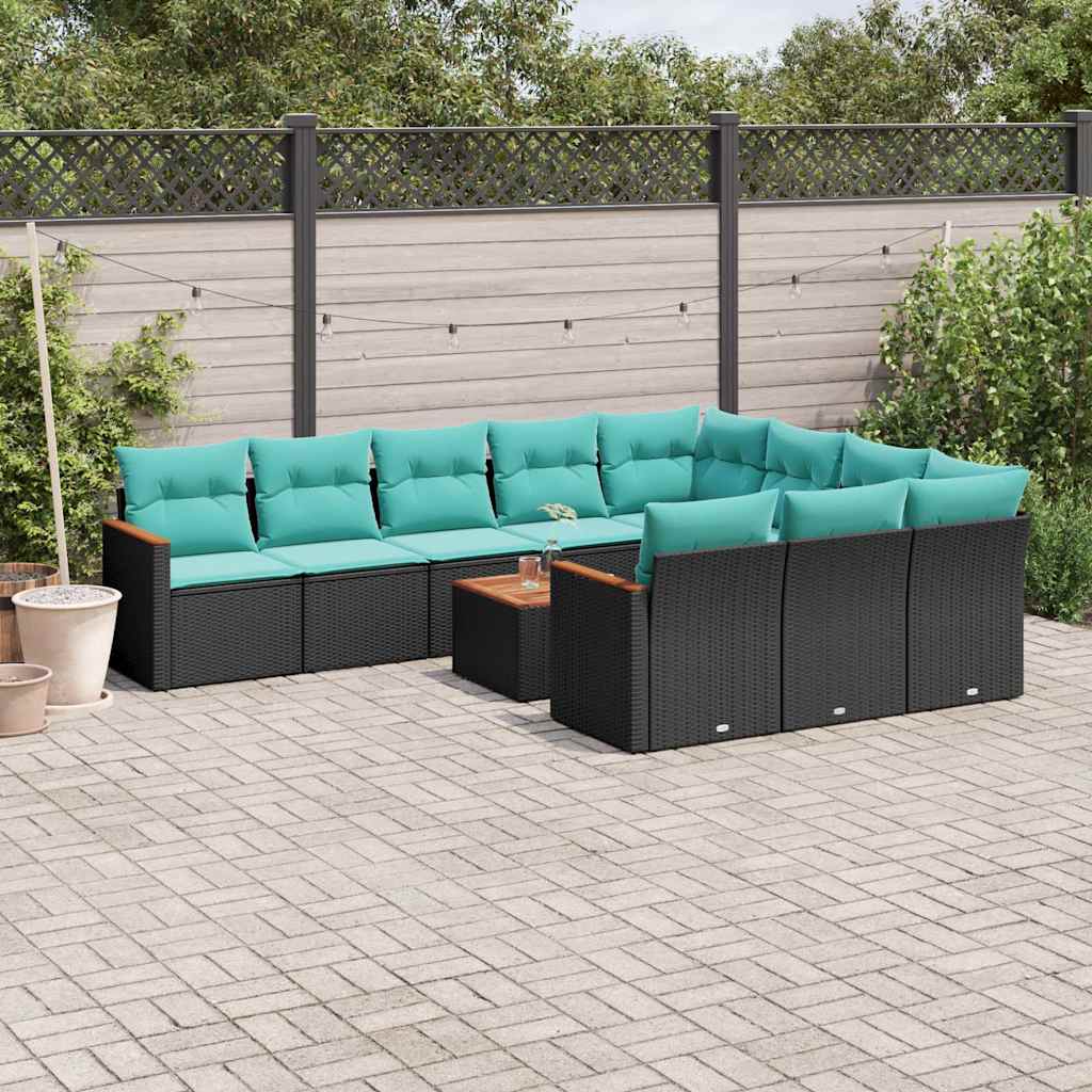 11-delt havesofasæt i sort polyrattan med blå hynder