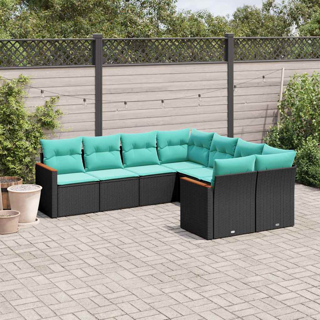 8-delt havesofast med hynder sort polyrattan
