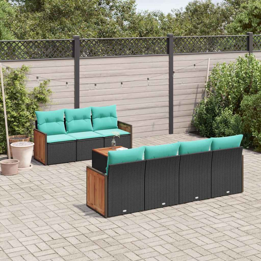 8-delt havesofasæt i sort polyrattan med blå hynder