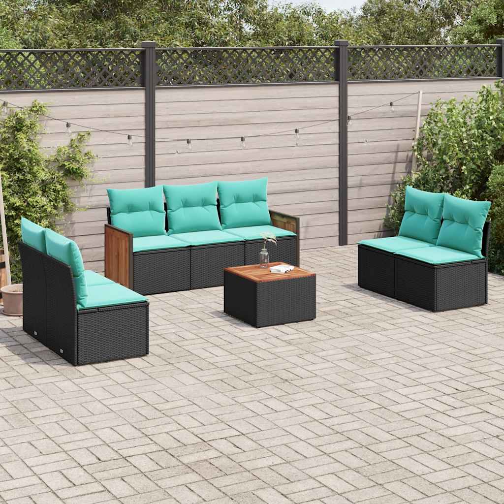 8-delt havesofasæt i sort polyrattan med blå hynder